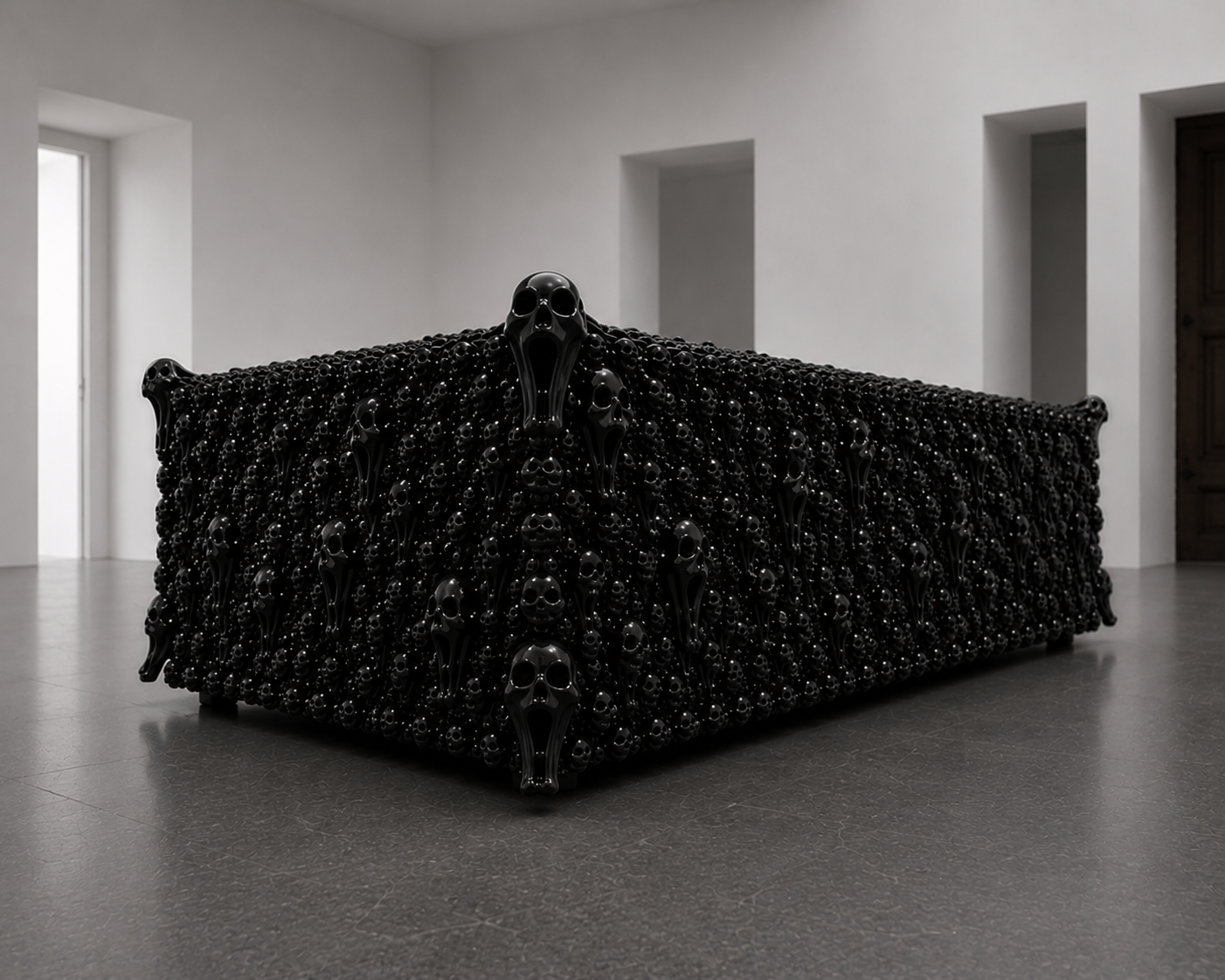 Trunk No. 01 Foule Sentimentale by Charles Darius — black lacquered wood trunk encrusted with spheres and emerging skull forms, three-quarter view in gallery