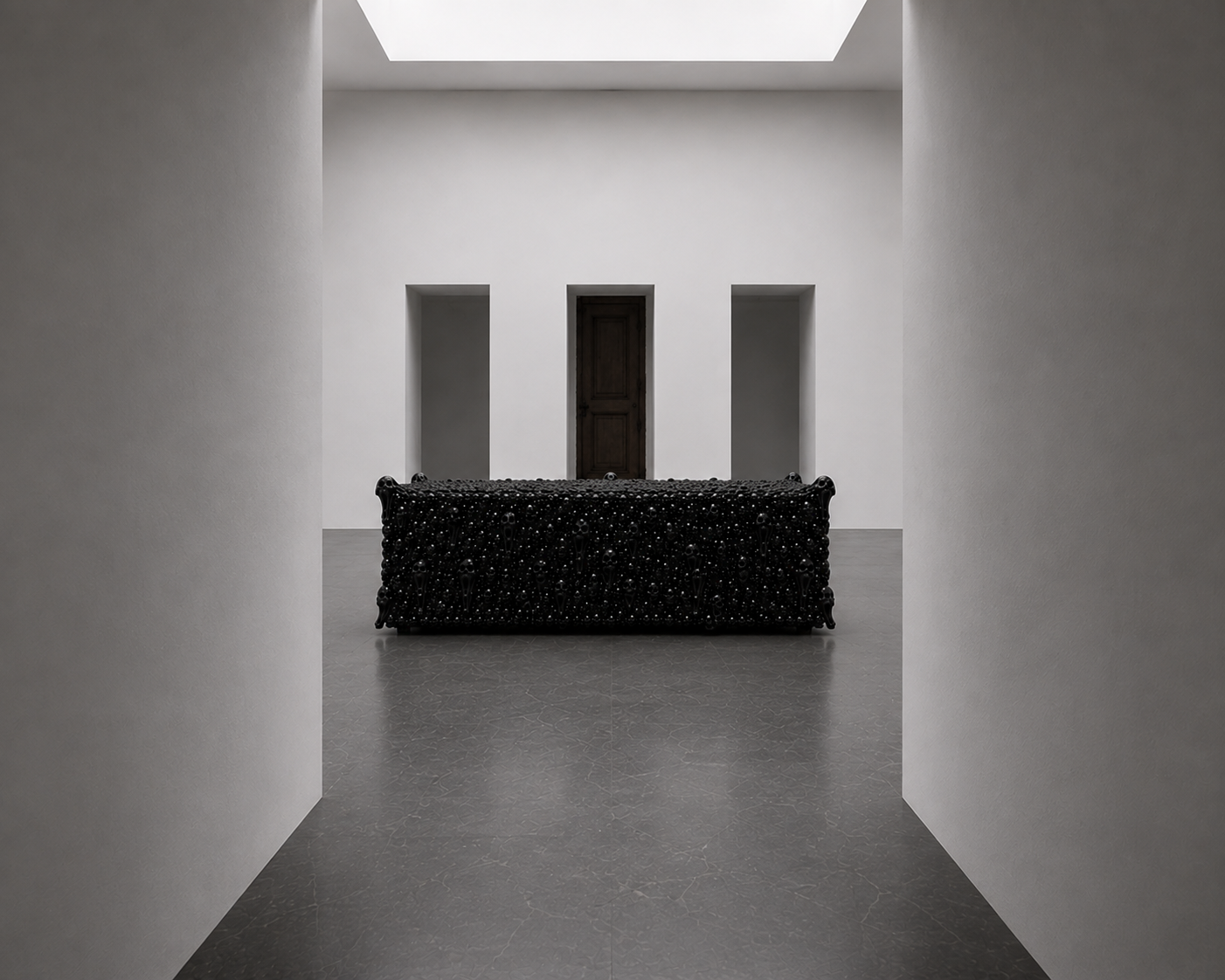 Trunk No. 01 Foule Sentimentale shown in situ, axial view down a gallery corridor