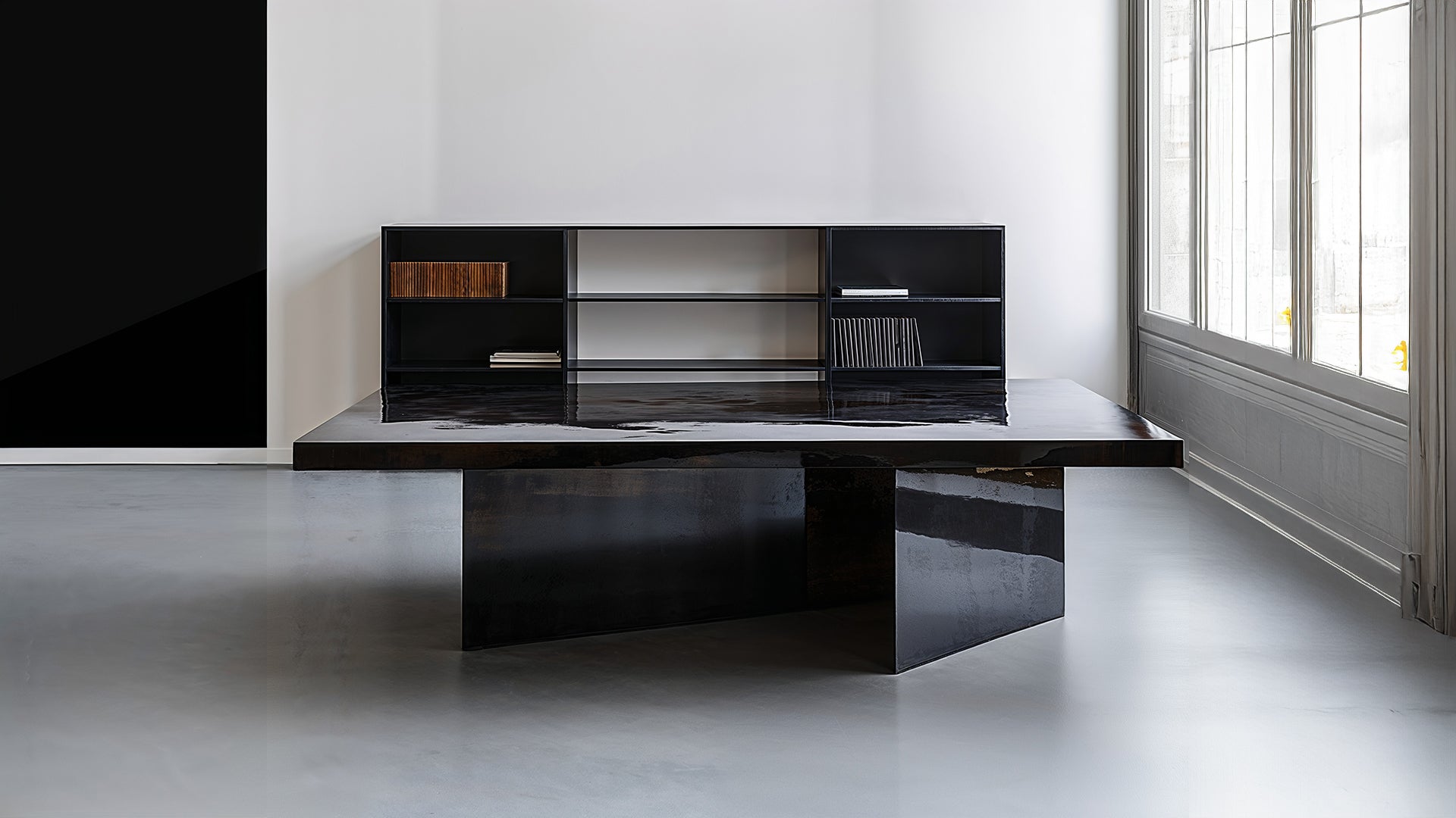 Eclipse Desk – handcrafted French executive desk in black lacquer with metal accents