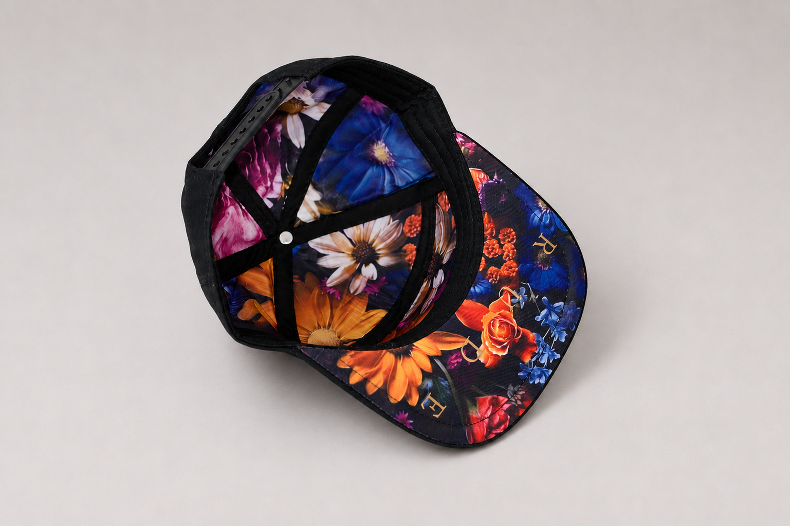 RUDE Visor Cap — 5 Panels, Black Floral