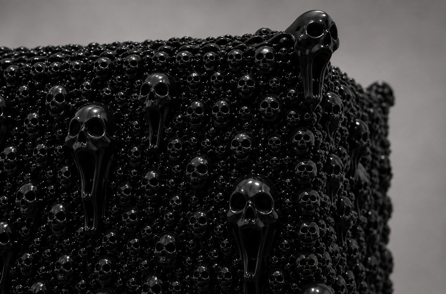 Macro detail of Trunk No. 01 Foule Sentimentale — hand-carved skulls surfacing through a dense field of black lacquered spheres