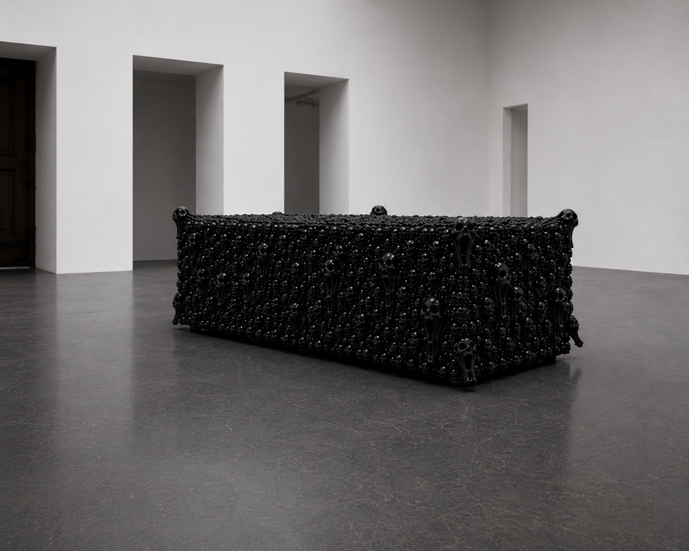 Trunk No. 01 Foule Sentimentale — left three-quarter view of the limited edition lacquered trunk in a white gallery interior