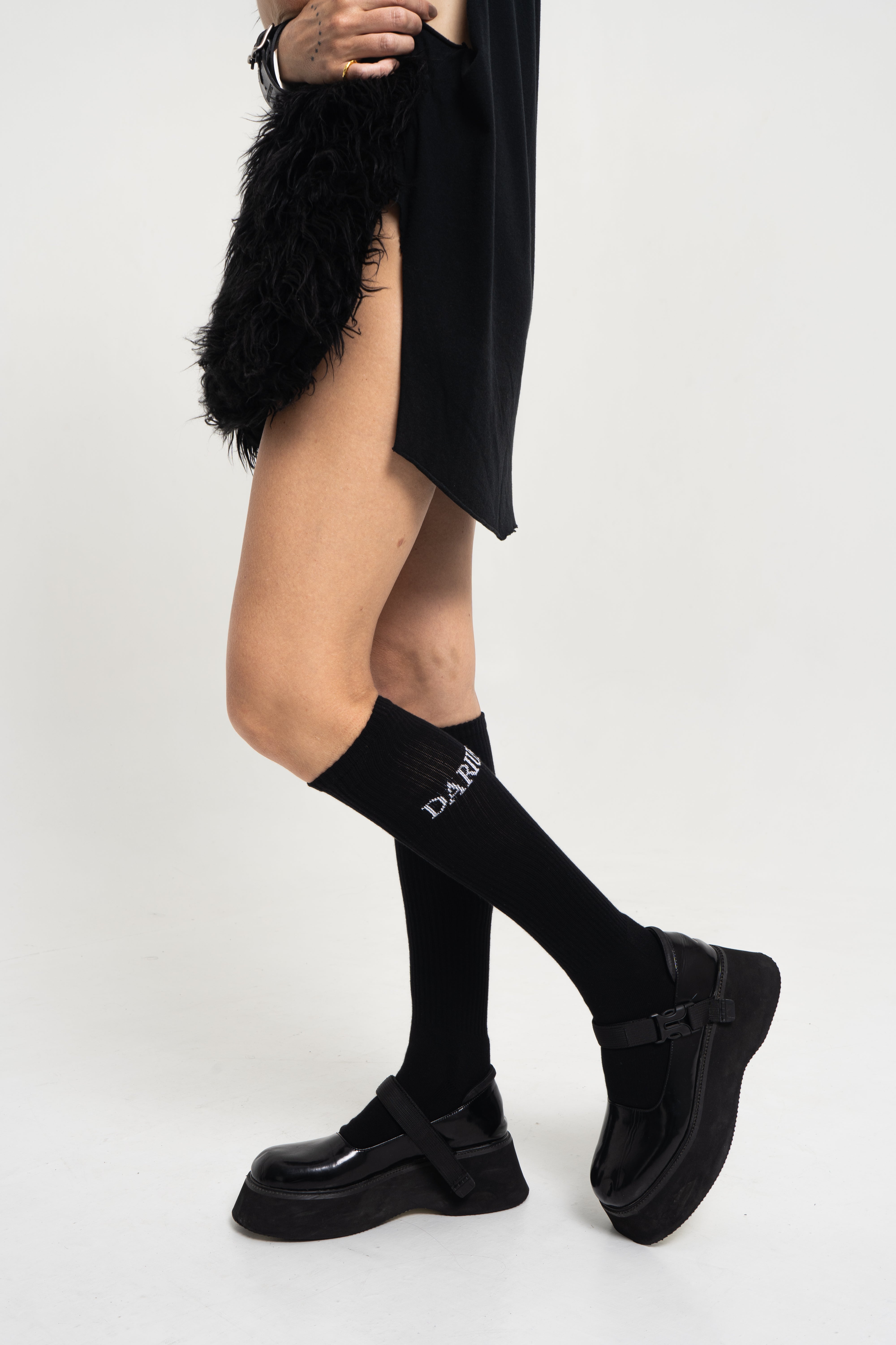 Charles Darius High Socks front view – premium cotton – female model
