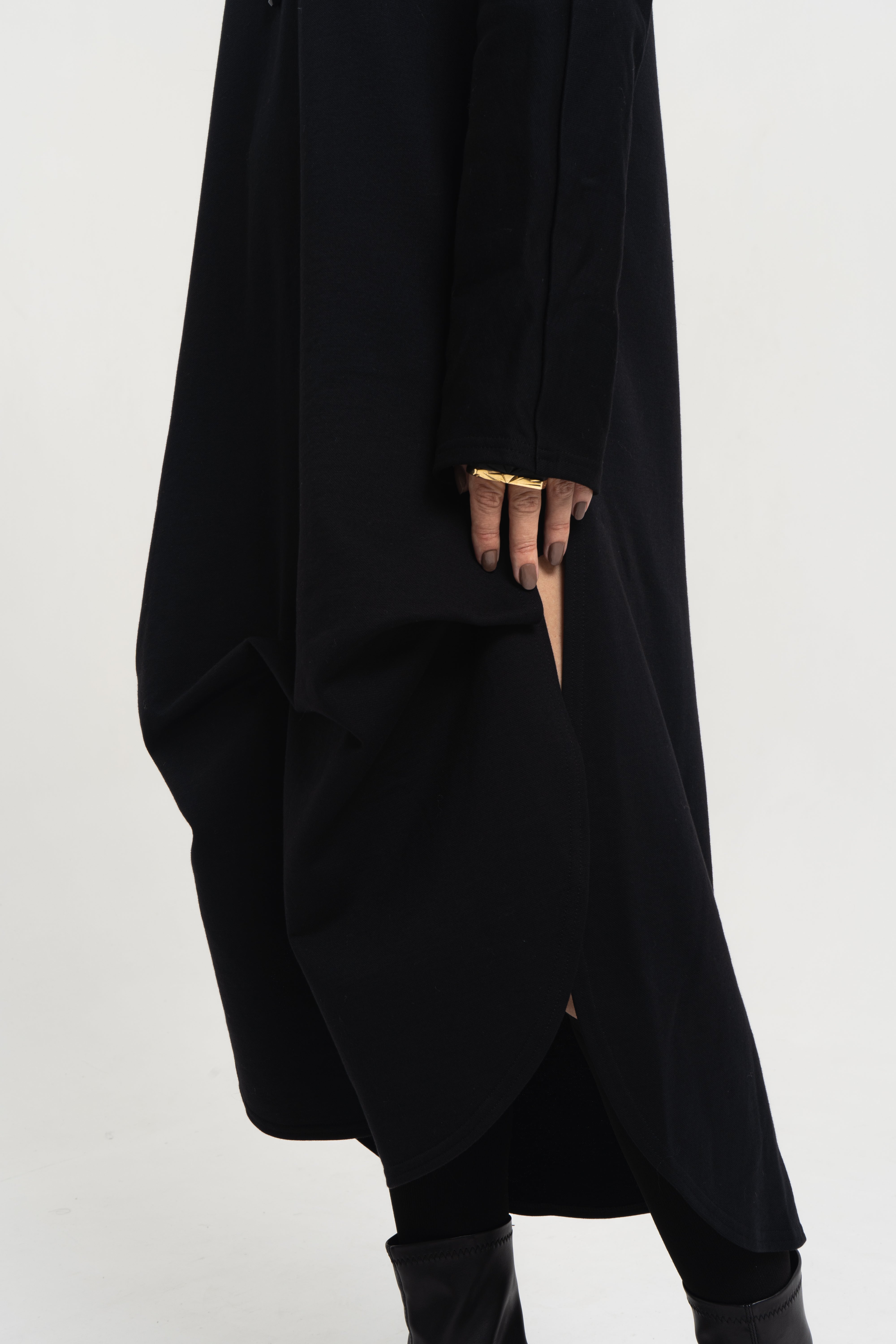 Female model in the Origami Tunic Shirt – full length silhouette, black Japanese cotton